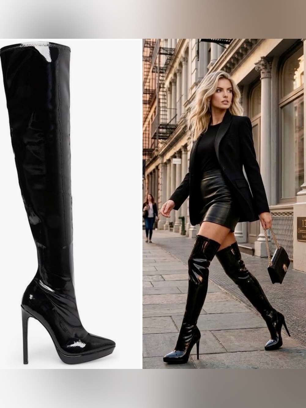 NEW STEVE MADDEN VENZETTA BLACK PATENT FAUX LEATHER OTK OVER THE KNEE BOOTS RARE